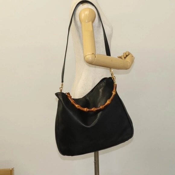GUCCI Bamboo Shoulder Bag Leather 2way Black - Picture 1 of 16